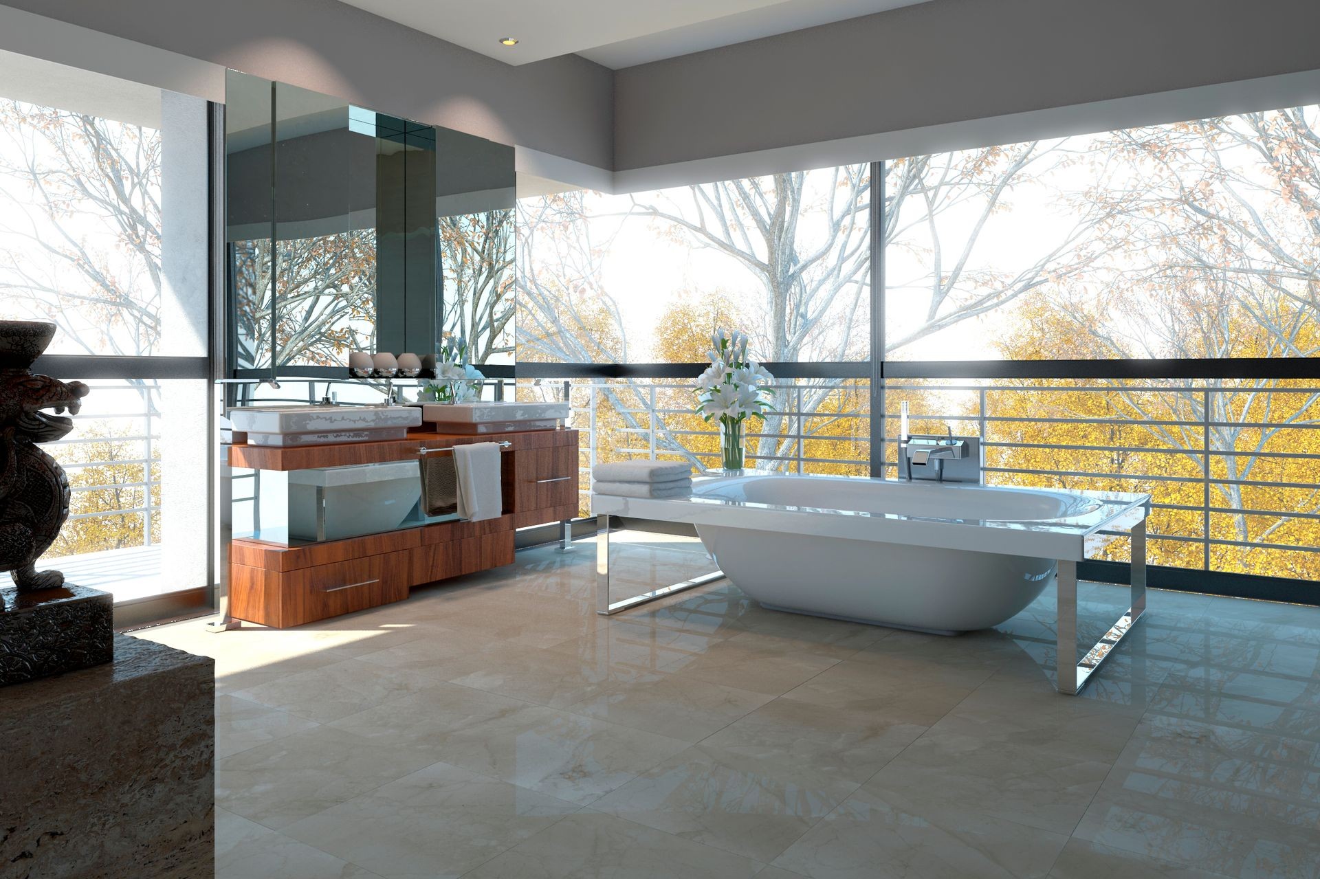 Modern bathroom with freestanding tub, double sinks, and large windows overlooking autumn trees.