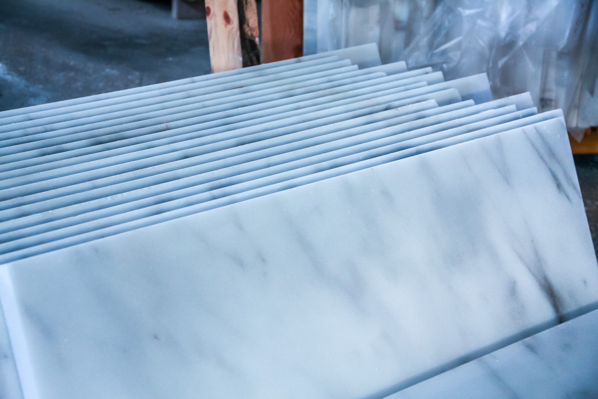 White marble slabs in a marble factory